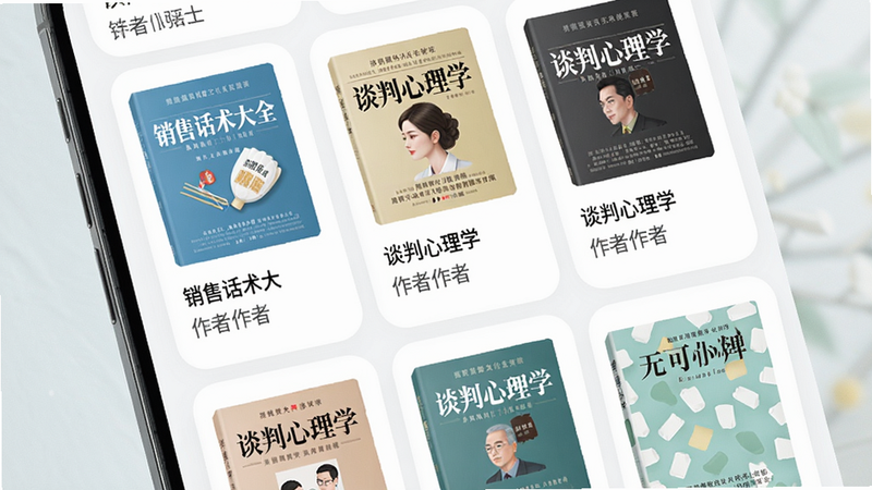 主体为手机屏幕展示电子书列表页,布局为竖屏,每本书显示封面、书名和作者,排版采用卡片式,风格清新,细节包括“销售话术大全”“谈判心理学”等书名,画质高清,色彩柔和,干净无多余元素。