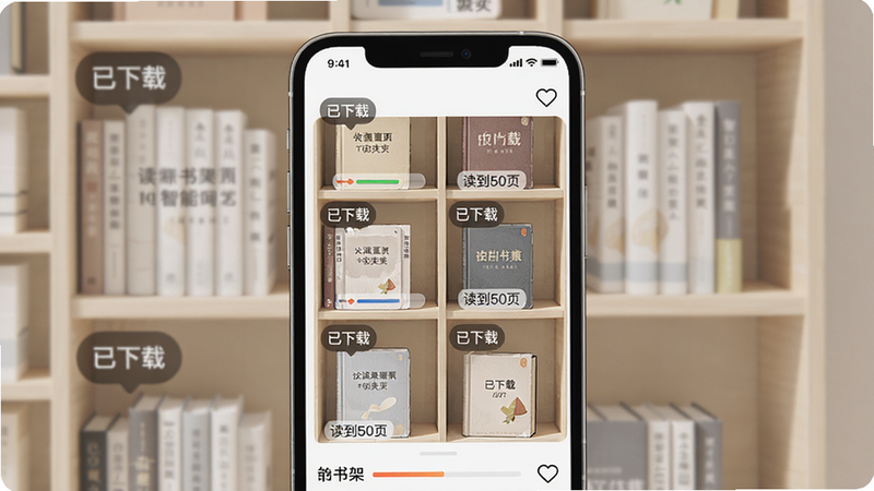 主体为手机屏幕展示智能书架界面,竖屏布局,书架格子里排列书籍,每本书角标显示“已下载”或“读到50页”,排版清爽,风格简洁,细节包括进度条和收藏图标,画质高清,干净无多余元素。