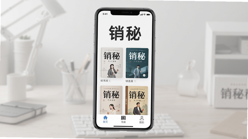 主体为手机屏幕展示“销秘”APP首页,竖屏布局,顶部有应用名称“销秘”大字,中部为电子书封面网格排列,底部导航栏有“首页”“书库”“我的”三个图标。排版整齐,风格现代简约,细节包括书籍封面上的标题和作者,画质高清,干净无多余元素。