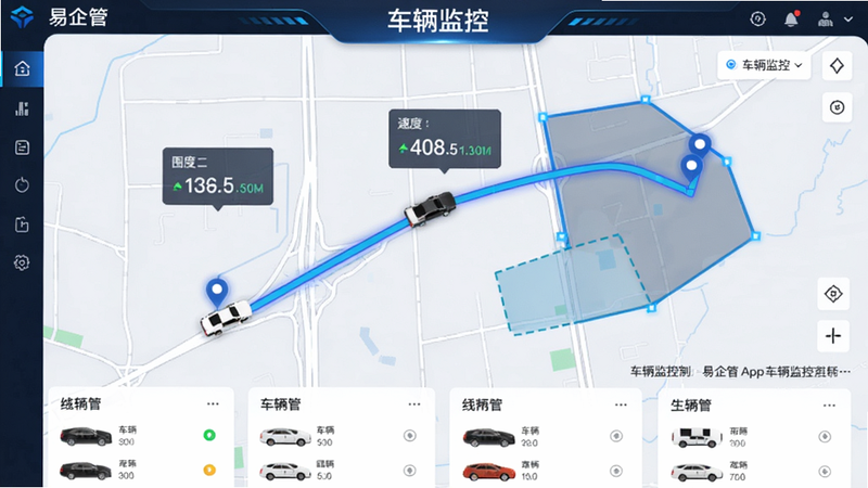 主体为易企管App车辆监控界面,布局为地图占据大部分屏幕,底部有车辆列表卡片,地图上用蓝色标记显示车辆位置和行驶轨迹线,风格科技感,细节有速度数据悬浮窗和电子围栏区域,图片中文字显示“车辆监控”,画质清晰。