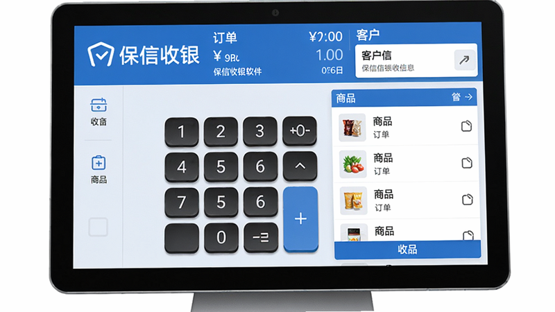 保信收银软件主界面预览图,屏幕中央显示收银台数字键盘和商品列表,上方有订单详情和客户信息栏,整体布局左右分区,蓝白配色简约现代,图标清晰,画质高清,干净无多余元素,突出“保信收银”品牌名称。