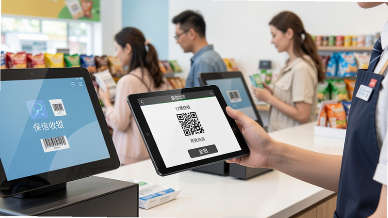保信收银极速结账场景图,店员手持安卓平板扫描商品条码,屏幕上显示付款二维码和金额,背景有顾客等待,画面抓拍瞬间,色彩明亮,细节清晰,干净整洁,突出“保信收银”高效收银。
