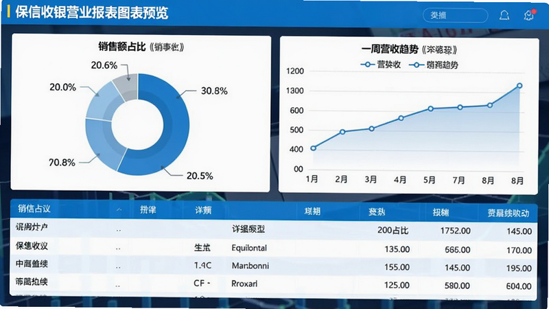 保信收银营业报表图表预览,饼图显示销售额占比,折线图展示一周营收趋势,表格列出明细数据,界面数据可视化风格,蓝白配色,干净专业。