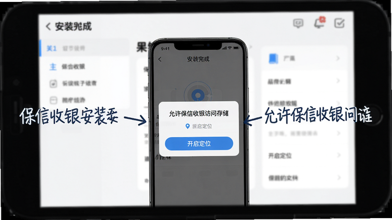 保信收银安装设置步骤图解,手机屏幕显示权限弹窗“允许保信收银访问存储”,下方有“开启定位”按钮,背景为安装完成后的主界面,教程风格,文字标注清晰,画质高清。