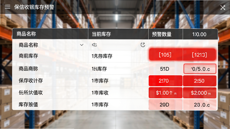 保信收银库存预警界面截图,表格展示商品名称、当前库存、预警数量,红色高亮显示低于阈值的商品,背景有仓库货架虚化,专业数据风格,画质清晰,文字可辨。