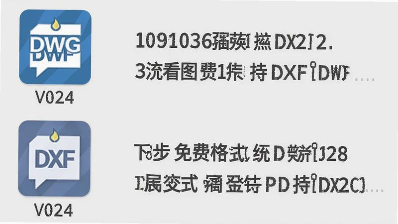 主体:CAD看图免费格式支持图标,布局:左侧列出DWG、DXF、DWF三个图标,右侧对应文字说明,排版:工整排列,风格:扁平化,细节:每个图标下方有版本号标注,画质:干净,背景浅灰色,无多余元素