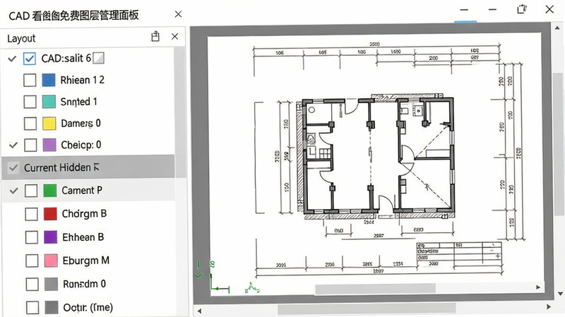 主体:CAD看图免费图层管理面板,布局:左侧为图层列表,每个图层前有勾选框和颜色块,右侧为对应图纸区域,排版:左右分栏,风格:简洁商务,细节:图层名称清晰,当前隐藏图层呈灰色,画质:干净,背景白色,无多余元素