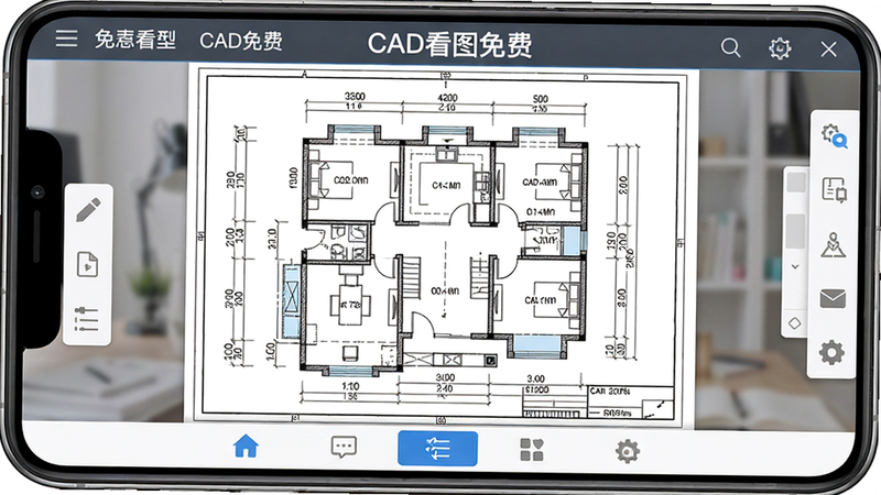主体:CAD看图免费手机界面,布局:中央显示一张建筑平面图纸,周围环绕简洁工具栏,排版:上方有菜单栏,底部有导航条,风格:写实扁平混搭,细节:图纸线条清晰,测量数字可见,画质:高清,干净无多余元素,文字标注“CAD看图免费”