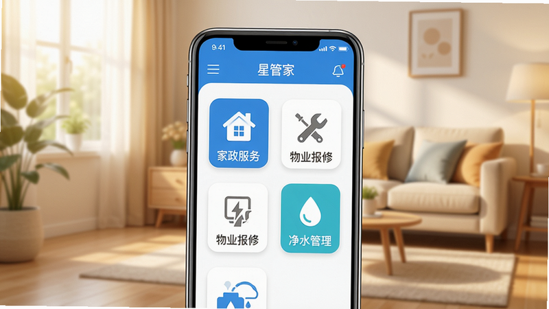 星管家APP主界面展示,背景为温馨家居环境,手机屏幕居中显示,界面上有