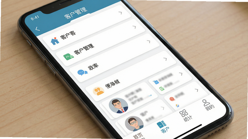 一张展示Fdy客户管理手机主界面的截图,主体为清晰的功能列表和客户卡片,布局简洁采用卡片式设计,风格现代扁平,细节包括顶部导航栏显示
