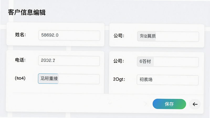 展示Fdy客户管理客户详情编辑页面的界面,主体为表单布局包含姓名、电话、公司等输入框,排列整齐采用卡片式分组,风格清晰明亮,细节有保存按钮和返回箭头,画质高清,干净无多余元素,文字标注