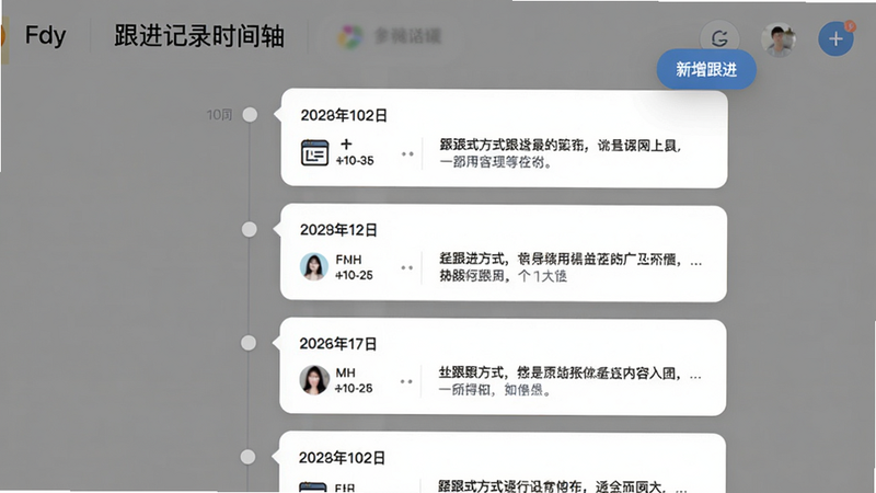 展示Fdy客户管理跟进记录时间轴页面的截图,主体为纵向排列的卡片列表,每个卡片显示日期、跟进方式和内容摘要,布局清晰采用时间线设计,风格简约,细节有