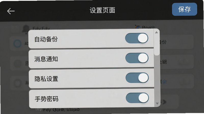 展示Fdy客户管理设置页面截图,主体为开关选项列表包括“自动备份”、“消息通知”、“隐私设置”、“手势密码”等,布局整齐采用系统原生风格,细节有顶部返回箭头和保存按钮,画质高清,干净无多余元素,文字标注“设置页面”。