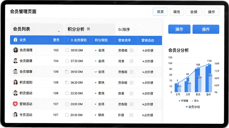 主体:会员管理页面,显示会员列表、积分规则、营销活动;布局:表格形式展示会员数据,右侧为操作按钮;排版:清晰分栏,数据可排序;风格:商务简约,蓝色为主;细节:突出会员分析图表;画质:高清,干净。