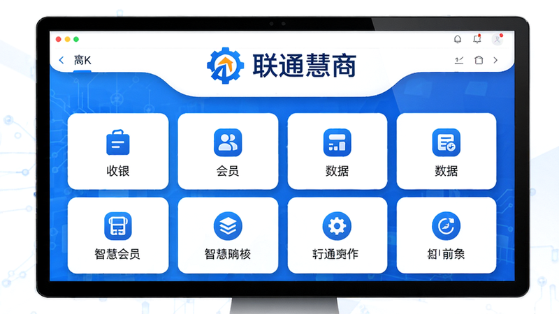 主体:联通慧商软件主界面,展示收银、会员、数据等模块;布局:居中显示,上方为联通慧商logo,下方为功能图标网格;排版:清晰简洁,图标带文字;风格:科技蓝与白色搭配,现代商务风;细节:界面干净,无多余元素,突出智慧经营;画质:高清,4K,干净无多余元素。