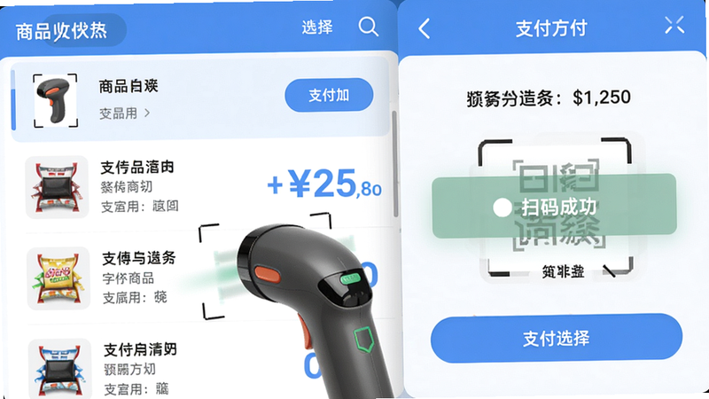 主体:收银界面截图,显示扫码枪扫描商品、支付方式选择;布局:左侧商品列表,右侧支付区域;排版:信息层级清晰,金额突出;风格:清爽蓝色调,按钮圆角;细节:显示扫码成功提示;画质:高清,无多余元素。