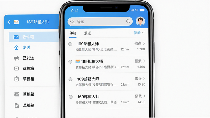 169邮箱大师主界面预览图,主体为手机屏幕显示收件箱列表,左侧有抽屉导航栏包含收件箱、已发送、草稿箱等,顶部搜索框和账户头像,整体布局简约扁平化,风格清新明快,画质高清,干净无多余元素,界面中显示“169邮箱大师”字样