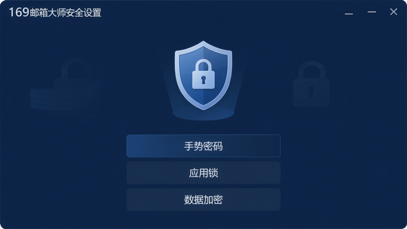 169邮箱大师安全设置界面,背景深蓝色,中央有盾牌和锁的图标,下方列出“手势密码”“应用锁”“数据加密”等选项,文字清晰,风格专业稳重,画质高清干净