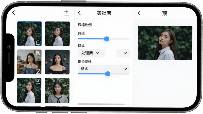 主体为手机屏幕上显示批量图片处理界面,多张图片被选中并显示处理进度条,布局左中右三栏,左侧原图列表、中间处理选项、右侧预览,风格简洁清晰,细节包括压缩比例滑块和格式下拉菜单,画质高清,干净无多余元素,文字