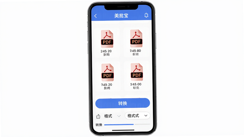 主体为手机屏幕上展示文档批量转换界面,多个PDF文件图标排列,下方有转换按钮和格式选择,布局上下结构,风格商务简约,细节包括文件大小信息及转换进度条,画质高清,干净无多余元素,文字