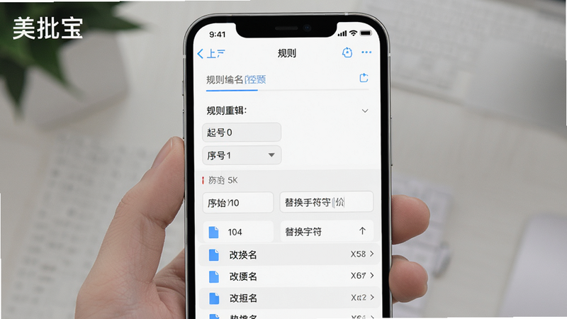 主体为手机屏幕上显示批量重命名设置界面,顶部有规则编辑区域,底部有文件列表预览改名效果,布局上下分区,风格极简,细节包括序号起始值和替换字符输入框,画质高清,干净无多余元素,文字