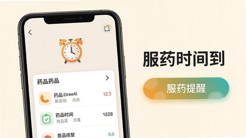 药铃软件提醒功能界面,手机屏幕显示闹钟图标和药品列表,旁边有'服药时间到'文字提醒。布局清晰,色彩明亮,背景为浅色,强调提醒按钮。高清画质,干净整洁。