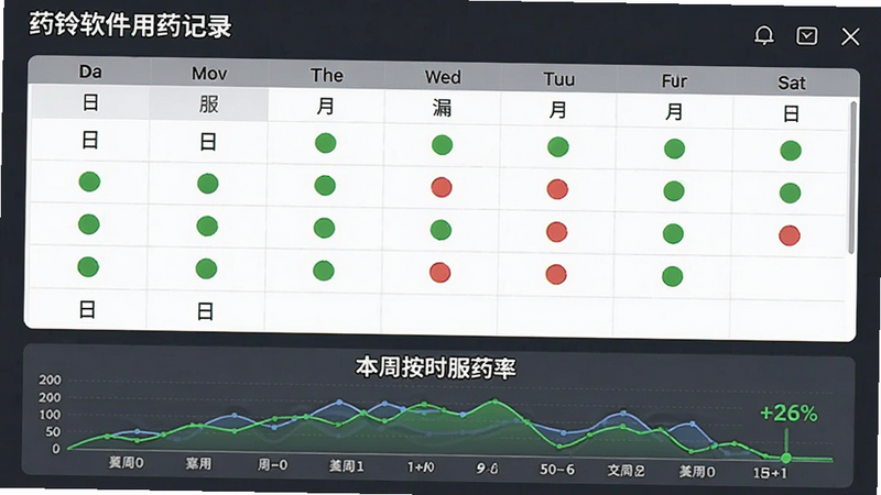 药铃软件用药记录页面,以日历表格形式展示,绿色圆点表示已服药,红色圆点表示漏服。下方有统计图表,显示本周按时服药率。界面简洁,数据可视化。高清画质。