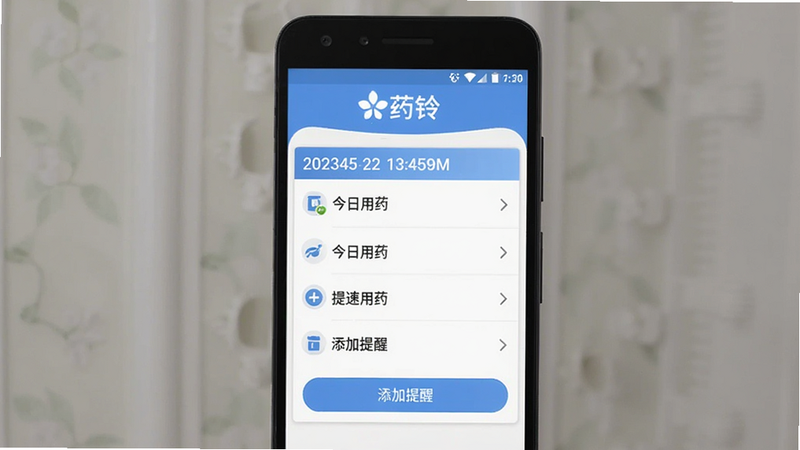展示药铃安卓软件主界面,手机屏幕截图风格,界面简洁清晰,顶部有'药铃'logo,中间显示今日用药列表,底部有添加提醒按钮。布局居中,色彩柔和,以蓝色和白色为主,显示日期时间。高清画质,干净无多余元素。