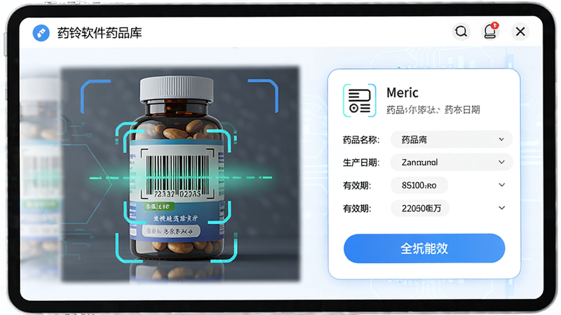 药铃软件药品库界面,显示扫描药品条码的动画,旁边有药品详情卡片,包含药品名称、生产日期、有效期。界面科技感,白色背景,蓝色按钮。高清画质。