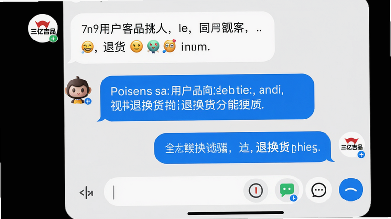 主体:手机客服聊天界面,显示用户与机器人对话,机器人提供退换货链接。布局:左对齐气泡,右对齐用户消息,底部输入框有快捷功能按钮。排版:文字清晰,关键按钮蓝色高亮。风格:清新简洁,白色背景。细节:客服头像为三亿吉品Logo,回复带表情符号。画质:超清,无多余元素。