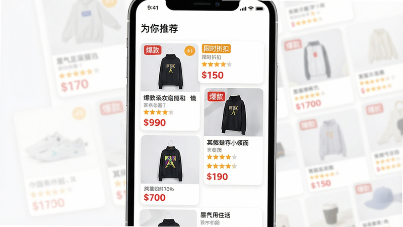 主体:手机屏幕显示“为你推荐”板块,多排商品缩略图以瀑布流排列。布局:竖版,商品卡片错落有致,每张卡片包含商品图、名称、价格、星星评分。排版:左图右文,价格用红色加粗。风格:现代电商UI,干净留白。细节:每张图片清晰,标签如“爆款”“限时折扣”突出。画质:超清,无多余UI干扰。