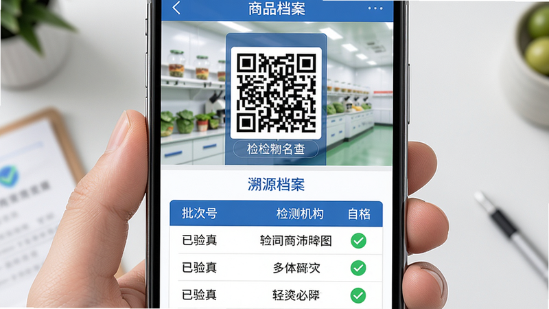 主体:手机界面展示商品详情页的“溯源档案”模块,包含二维码、批次号、检测机构名称。布局:上半部分为商品大图,下半部分为信息表格。排版:表格行清晰,绿色对勾图标标识“已验真”。风格:专业、可信赖,蓝色调为主。细节:二维码可扫描,文字说明简洁。画质:超清,无多余元素。