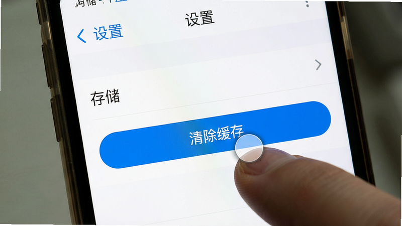 主体:手机屏幕显示“设置”界面,突出“清除缓存”按钮。布局:居中,列表项包含“存储”和“缓存”选项。排版:文字清晰,按钮为蓝色。风格:手机系统原生风格,白色背景。细节:手指点击缓存的动画。画质:超清,无多余元素。