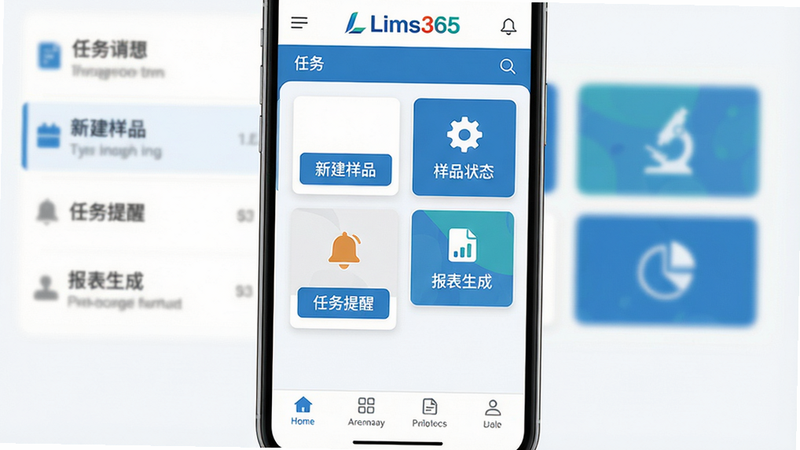 主体:手机屏幕展示Lims365主界面,左侧任务列表,右侧样品状态图标;布局:竖屏居中,底部导航栏;排版:简洁卡片式,信息层级清晰;风格:现代扁平化,主色调蓝白;细节:界面包含“新建样品”、“任务提醒”、“报表生成”按钮,屏幕上方显示“Lims365”logo;画质:高清,干净,无多余元素。