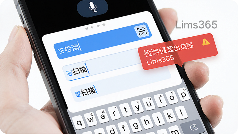 主体:手机屏幕显示数据录入界面,键盘在下方,上方有语音输入按钮;布局:竖屏,输入框居中;排版:表单式,每行一个检测项;风格:卡片白底,蓝色高亮;细节:输入框旁有“扫描”图标,检测值超出范围时弹出红色警告框,包含“Lims365”水印;画质:干净,无多余元素。