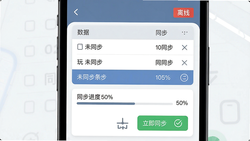 主体:手机显示离线状态下的操作界面,右上角有“离线”标识;布局:竖屏,数据表格带同步标志;排版:表格行高亮显示未同步条目;风格:卡片风格,蓝灰配色;细节:同步进度条显示百分比,点击“立即同步”按钮后变为绿色对勾;画质:干净,无多余元素。