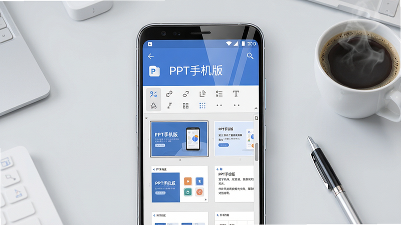 主体:一部安卓手机屏幕显示PPT手机版编辑界面,界面中有幻灯片缩略图、工具栏和文字编辑区域。布局:居中构图,手机位于画面黄金分割点,背景为浅灰色办公桌面,旁边放一杯咖啡和一支笔。排版:手机屏幕内显示“PPT手机版”标题和几个幻灯片缩略图,工具栏图标清晰。风格:扁平化科技感,色彩柔和,蓝白基调,给人清爽专业的感觉。细节:手机边框有金属光泽,屏幕反光自然,咖啡杯冒热气。画质:超清8K,细节锐利,干净无多余元素