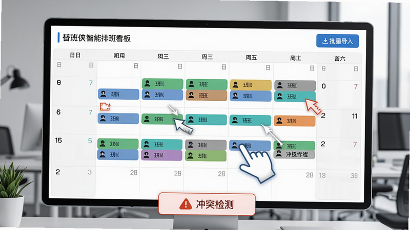 替班侠智能排班看板,日历视图显示不同颜色班次,拖拽操作示意,底部有“冲突检测”提示,右上角有“批量导入”按钮,办公风格,高清画质,无多余元素