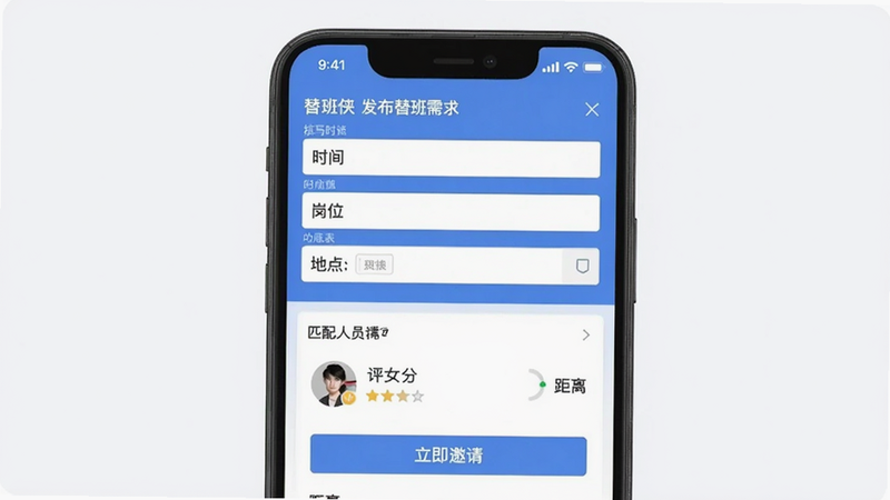 替班侠发布替班需求界面,填写时间、岗位、地点表单,下方显示匹配人员列表,头像、评分、距离,按钮“立即邀请”,手机截图风格,清晰画质,扁平化UI,干净背景