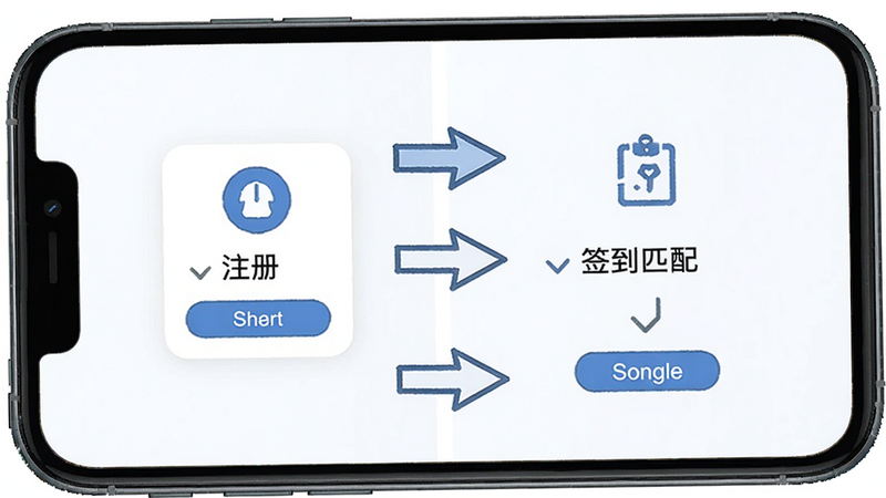 替班侠使用教程,手机屏幕展示操作步骤,包括注册、发布、匹配、签到流程,箭头指示,简洁风格,清晰画质,无多余元素