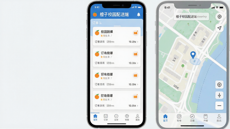 橙子校园配送端应用界面预览图,主界面展示订单列表和地图导航,屏幕上方显示“橙子校园配送端”标题,采用扁平化设计风格,蓝白配色,布局清晰,包含底部导航栏,订单卡片排列整齐,画面干净,高画质,无多余元素