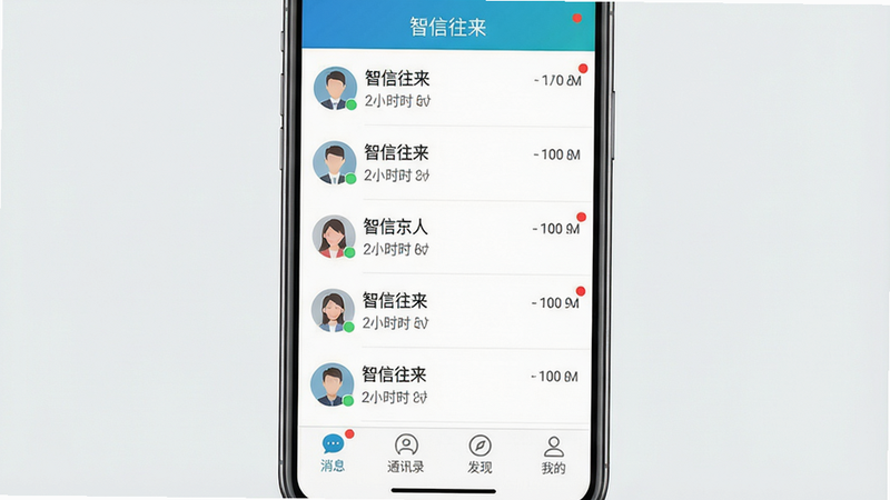 一张展示智信往来App主界面的截图,主体为手机屏幕内显示聊天列表和底部导航栏(包含“消息”、“通讯录”、“发现”、“我的”四个标签),布局居中,排版清晰,风格现代简约,细节包括未读消息红点、头像、时间戳,画质高清干净,无多余元素,屏幕内上方显示“智信往来”应用名称。