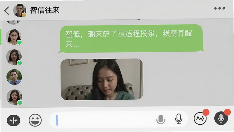 展示智信往来聊天界面,主体为两条对话气泡,上方为文字消息气泡,下方为图片消息气泡,背景为群聊界面显示群名称和群成员头像列表,布局左右对齐,风格iOS风格,细节包括输入框、表情按钮、麦克风按钮、未读提示红点,画质清晰干净,无多余元素。