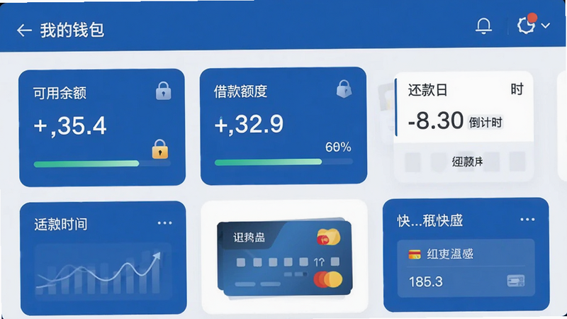 展示智信往来金融中心界面,主体为“我的钱包”页面,包含可用余额、借款额度、还款日倒计时等卡片式组件,布局整齐排列,风格商务蓝白配色,细节包括数字金额、进度条、安全锁图标、银行卡快捷入口,画质高清,无多余元素。