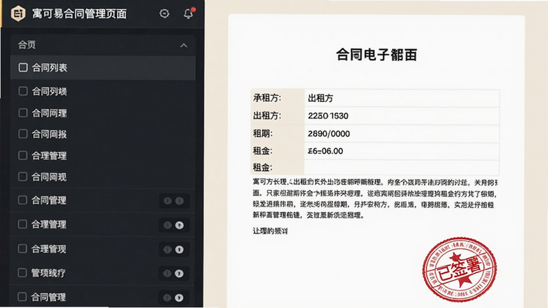 寓可易合同管理页面,左侧是合同列表,右侧打开一份电子合同,显示承租方、出租方、租期、租金等字段,下方有“已签署”印章。背景为淡米色,合同文本清晰,印章为红色,整体风格正式专业。