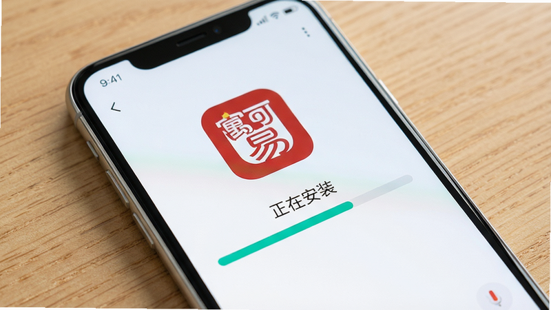 一张寓可易App在手机上的安装界面截图,手机屏幕显示“正在安装”进度条,背景为干净的木纹桌面,手机边框为银色。画质高清,聚焦安装过程。