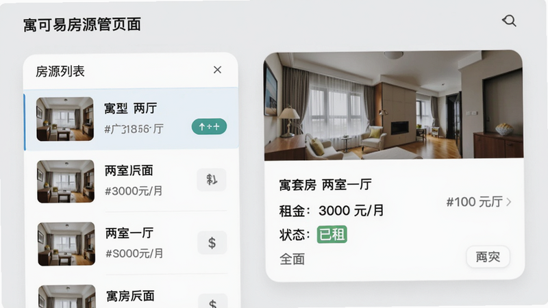 寓可易房源管理页面,左侧为房源列表,右侧展示某套房的详情卡片,包含“户型:两室一厅”、“租金:3000元/月”、“状态:已租”等信息。背景为浅灰色,卡片圆角设计,画质干净,字体清晰可读。