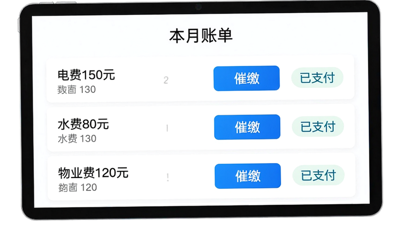 寓可易账单界面示意图,顶部显示“本月账单”标题,下方列出三条账单记录:电费150元、水费80元、物业费120元,每条记录后有一个“催缴”按钮和一个“已支付”状态标签。界面为白色背景,蓝色高亮按钮,布局整齐。