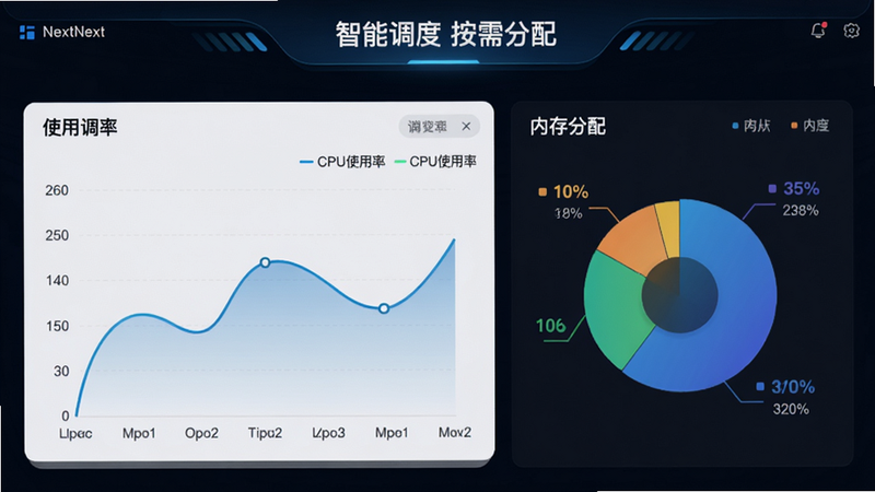 NextNext 资源调度界面,显示CPU使用率曲线和内存分配饼图,背景深色,数据可视化图表美观,文字标注“智能调度 按需分配”,整体风格科技感强,画质干净。
