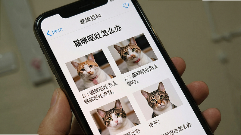 一张手机屏幕显示知宠健康百科文章页面,标题为“猫咪呕吐怎么办”,下方有分步骤的图文说明,配有真实宠物图片,文字清晰,排版干净,页面顶部有返回按钮和收藏图标。